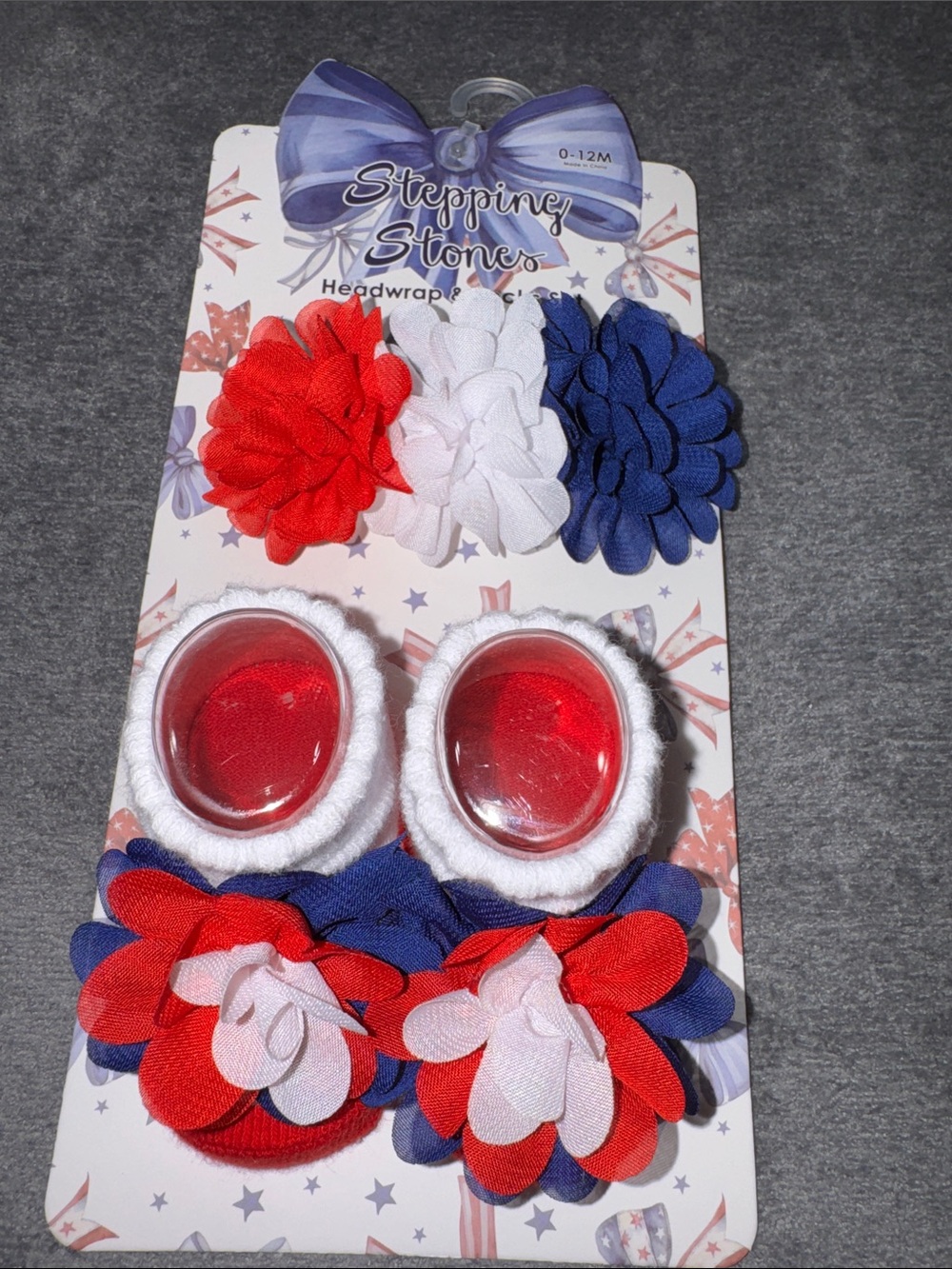 Stepping Stones- Baby Girls Red White & Blue Headwrap & Socks Set 0-12M - Picture 3 of 9